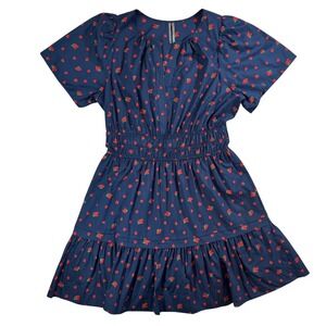 Anthropologie Strawberry Print Dress Blue Smocked Waist Ruffle Hem Large